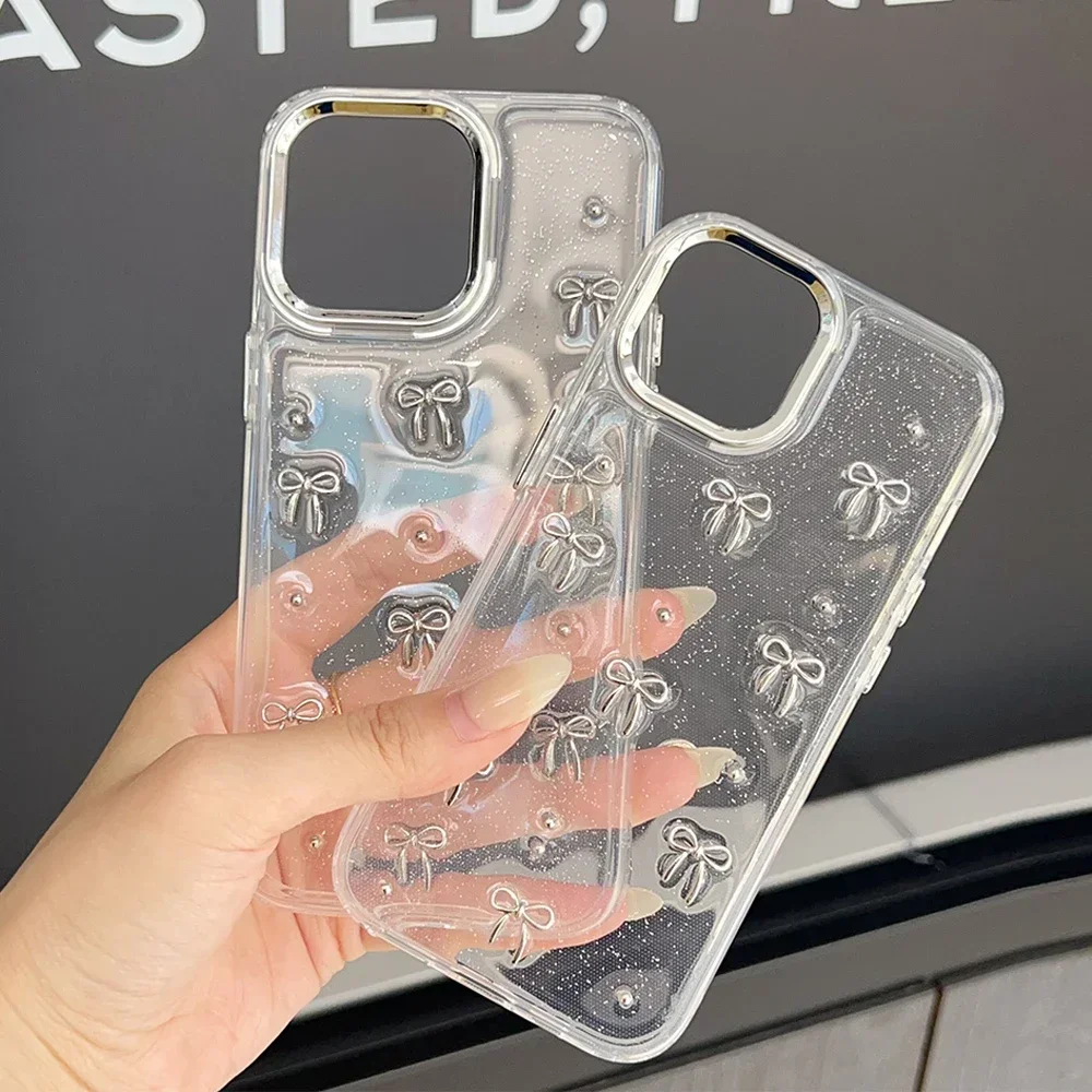 Cute Sparkling Powder 3D Bow Clear Case For iPhone 15 Pro Max Phone Case For Apple iPhone 15 PM PlusTransparent Anti Drop Sleeve