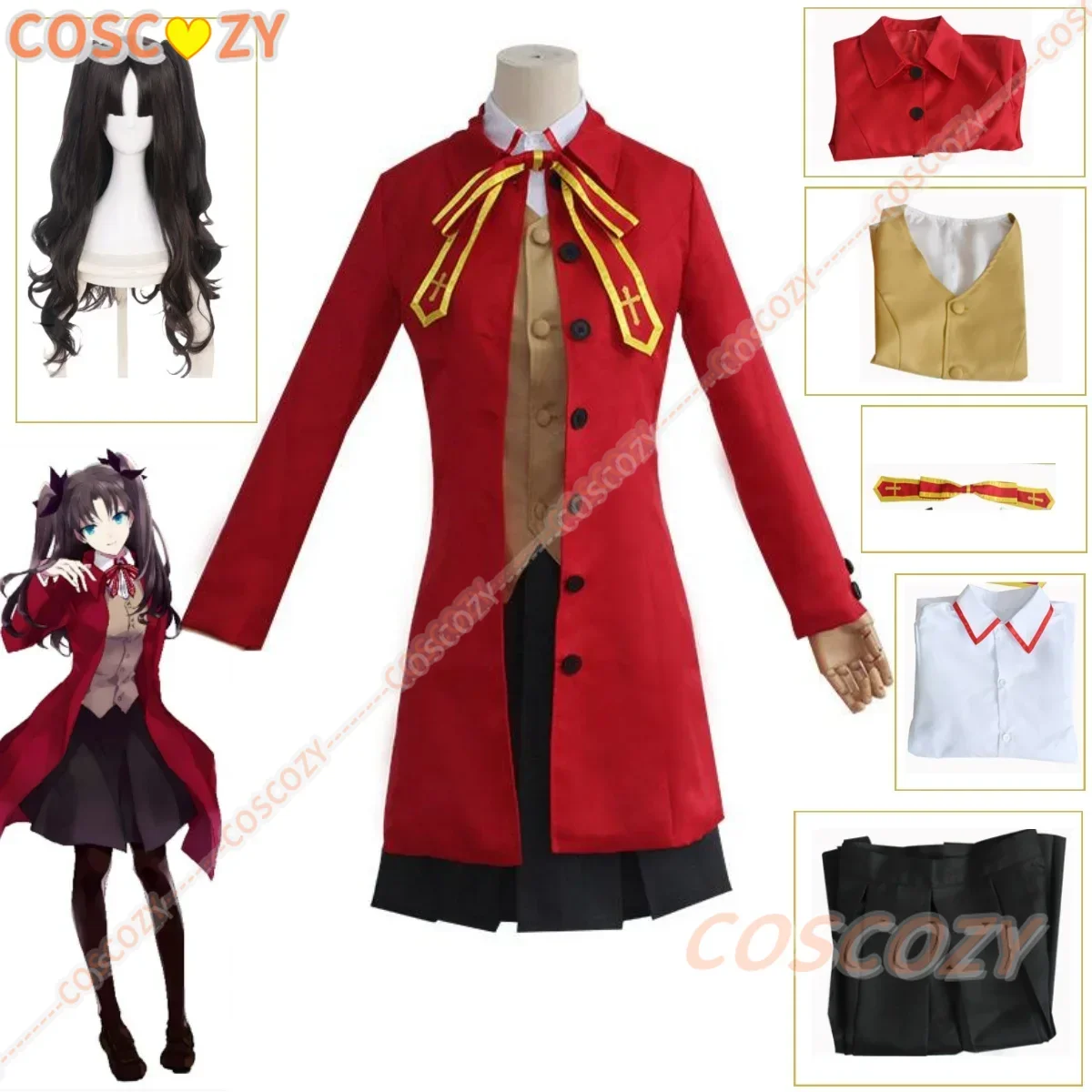 Anime Game Fate/stay Night Tohsaka Rin Cosplay Costume Wig Red Devil Wig Long Coat School Uniform Skirt Woman Kawaii Campus Suit