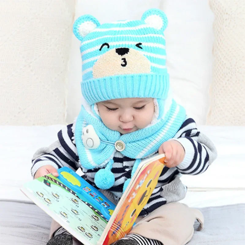 Baby Knit Beanie Hat Scarf 2 Peice Set Girls Boy Winter Warm Child Kids Cartoon Bear Stripe Ear Cap and Cut Button Paw Scarves