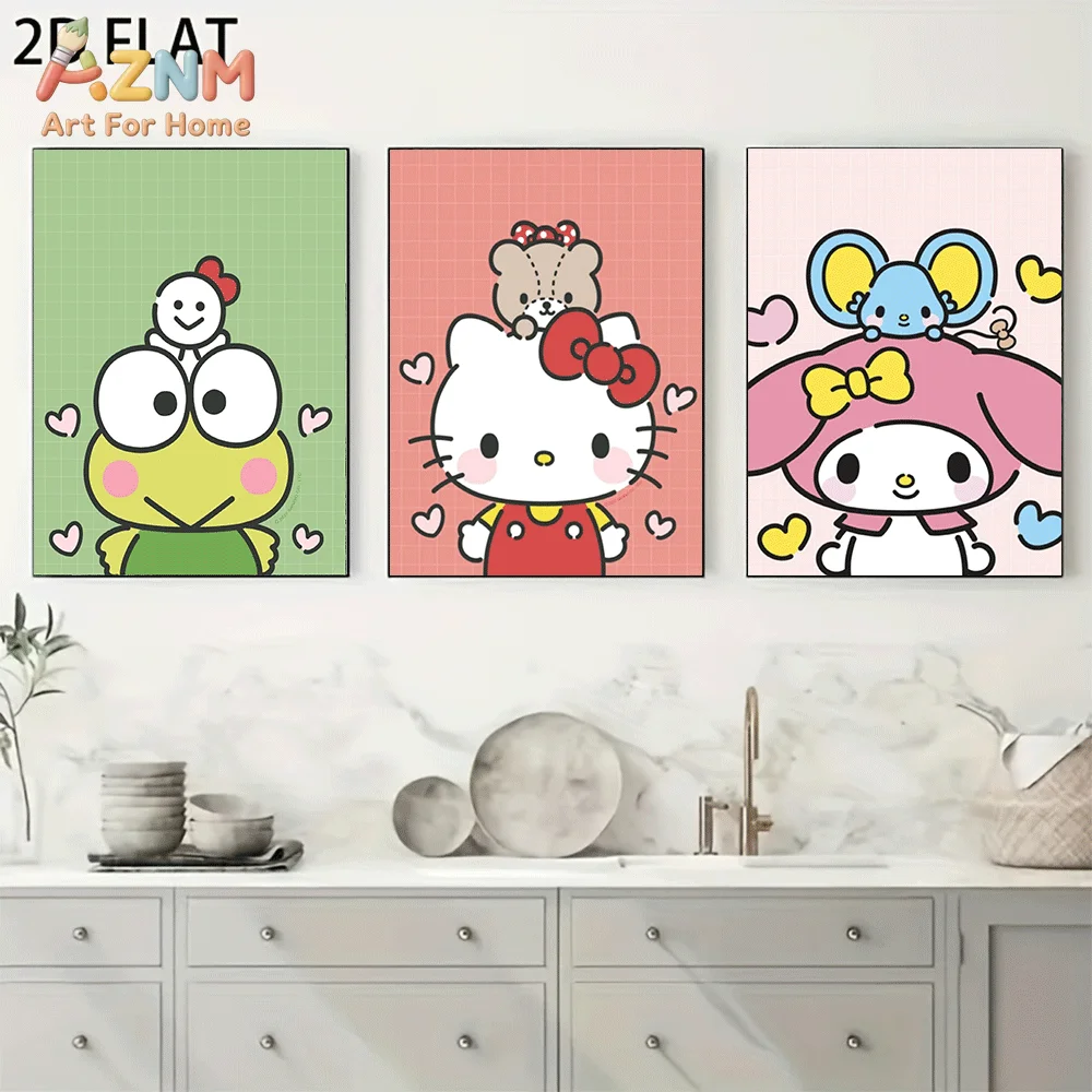 AZNM Sanrio Characters Canvas Wall Art Unframed Cute Cartoon Print Poster Keroppi Hello Kitty My Melody Grid Background Heart El