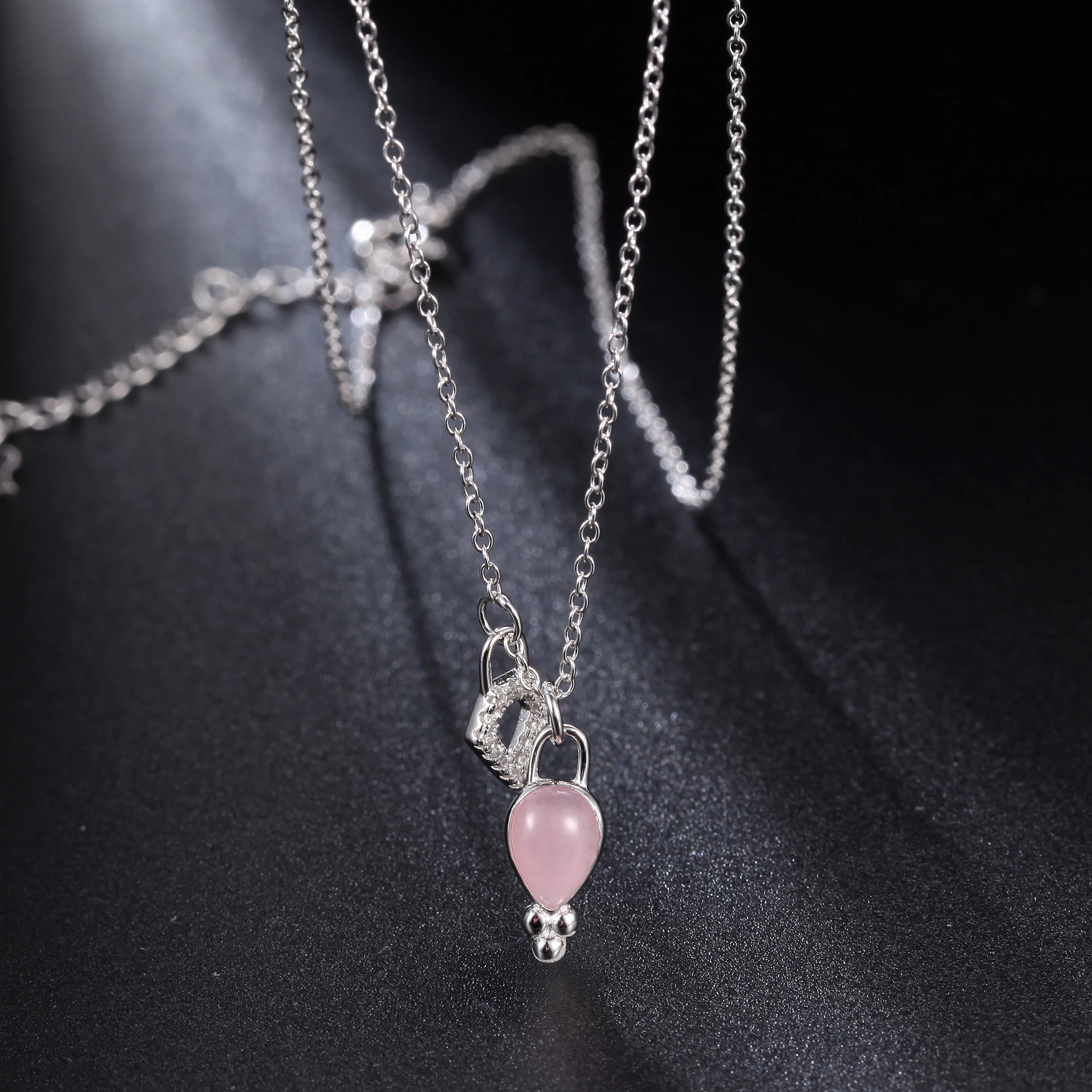 GEM'S BALLET Dainty Pink Quartz Necklace For Women 7x9mm Pear Shape Rose Quartz Gemstone Pendant Necklace in 925 Sterling Silver