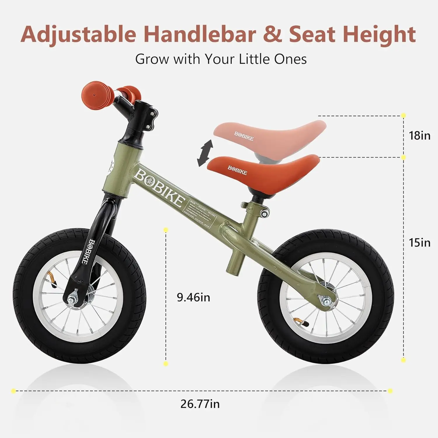 Vélo d'équilibre pour tout-petits avec pneus en caoutchouc gonflables, jouets réglables pour enfants, 18 mois à 4 ans, garçons et filles