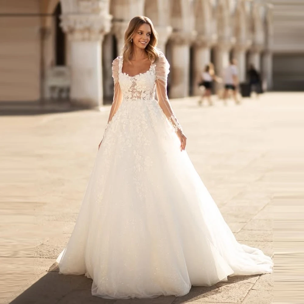 Suknie ślubne damskie z dekoltem w serduszko na rok 2025, seksowne, z długim rękawem, w kształcie litery A, suknie dla panny młodej, na zaręczyny, bankiet, Vestido De Novia, szyte na miarę