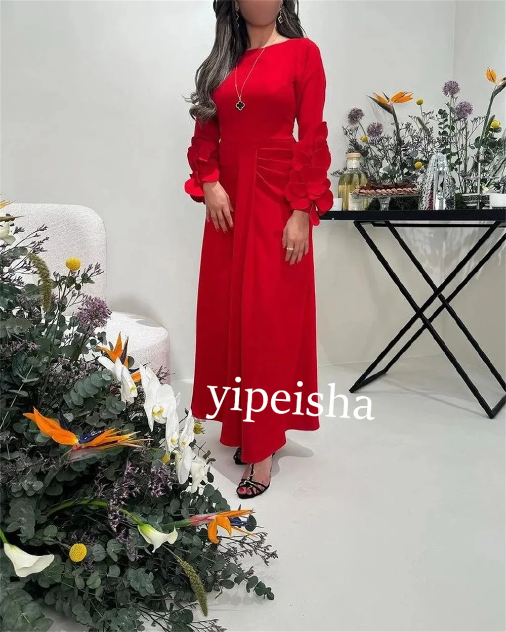 Customized Jersey Flower Pleat Cocktail Party Straight  Scoop Neck Bespoke Occasion Gown Midi Dresses