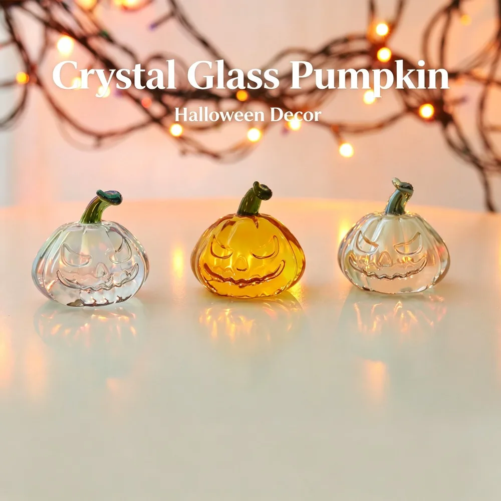 Crystal Glass Pumpkin Halloween Decorations Hand Blown Jack O Lantern Figurine Fall Harvest Home Decor Spooky Tabletop Ornaments