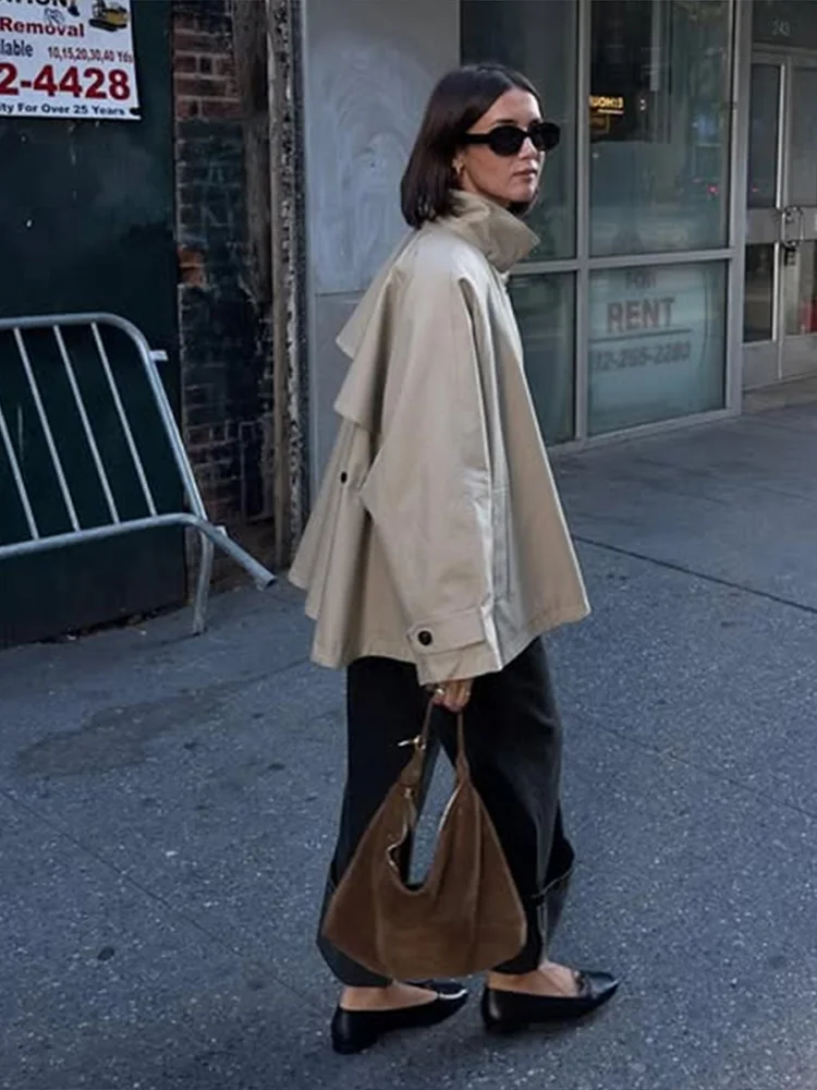 

Retro Loose High Neck Zipper Trench Women Casual Khaki Single Button Short Jackets Female 2025 Chic Versatile Street Outwear