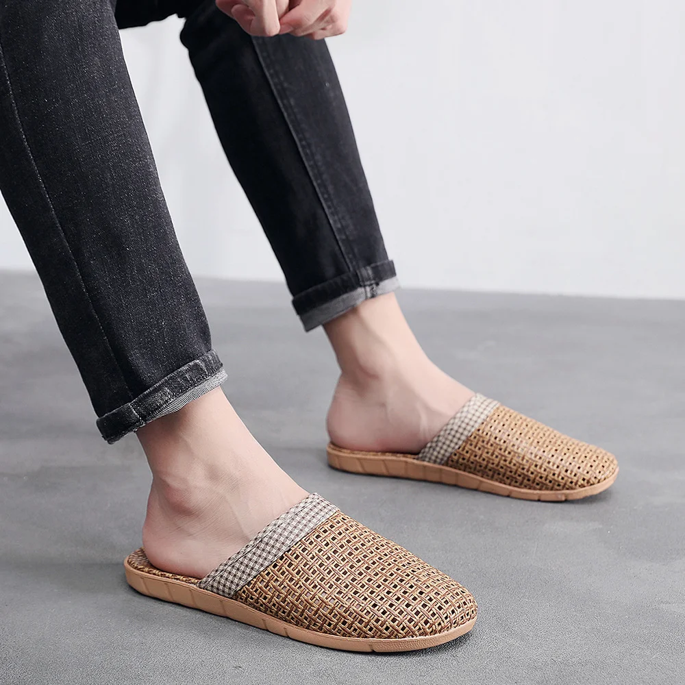 Linen slippers, summer flat bottomed men's indoor cool slippers