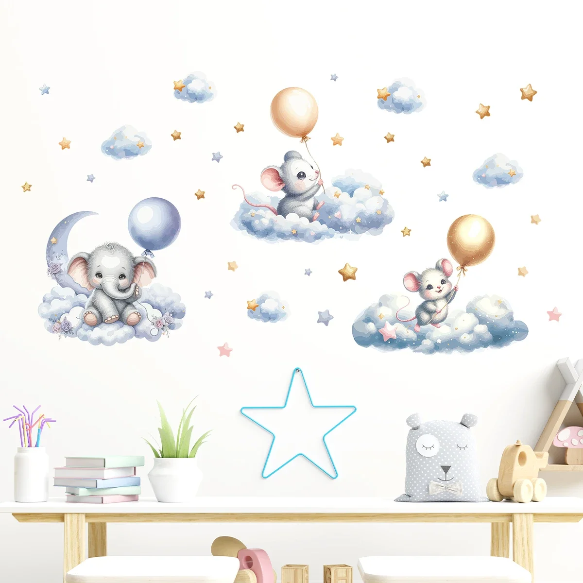 1Pc Cloud Star Balloon Cartoon Mouse Elephant Wall Stickers Kids Room Decor Baby Bedroom Decoration Living Room Wall Decals