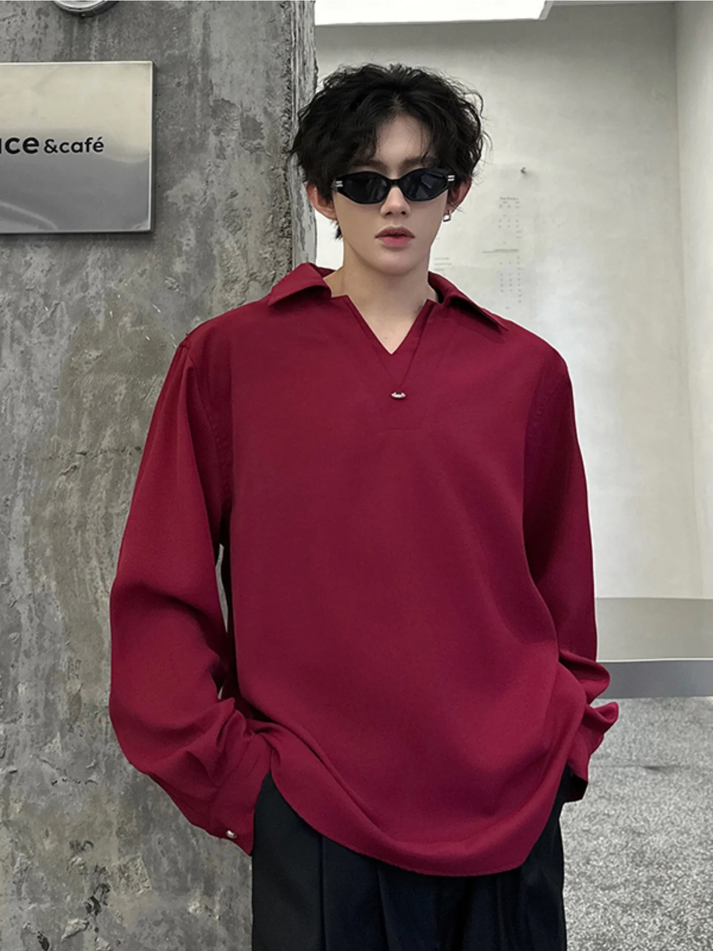 

Design Sensation Men's Double Layer Collar Fake Two-Piece irt Deep V Red Trendy Top Autumn Casual Wear Polyester Fiber