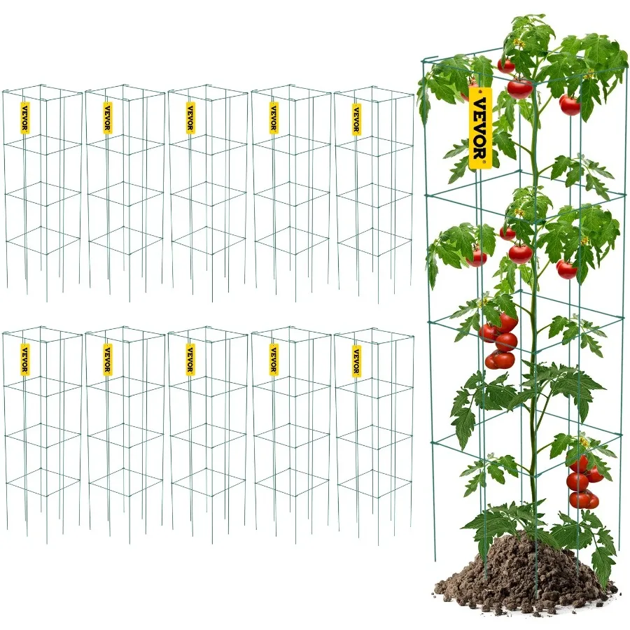 

Tomato Cages 11.8" x 11.8" x 46.1" 10 Packs Square Plant Support Cages Green PVC-Coated Steel Tomato Towers for Climbing Veget