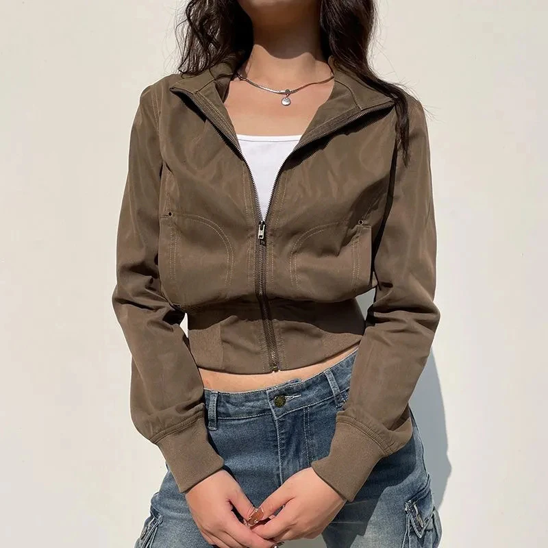 

Retro Brown Fall Cargo Jacket Women Casual Sports Slim Fit Windproof Turtleneck Baseball Coats Motorcycle Streetwear Outwear