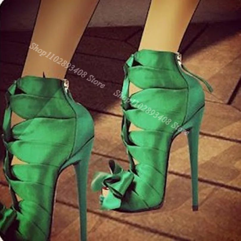 Green Silk Stiletto Sandal Boots Bowknot Decor Back Zipper Solid Fashion Summer Party Women Sandals 2024 Zapatos Para Mujere