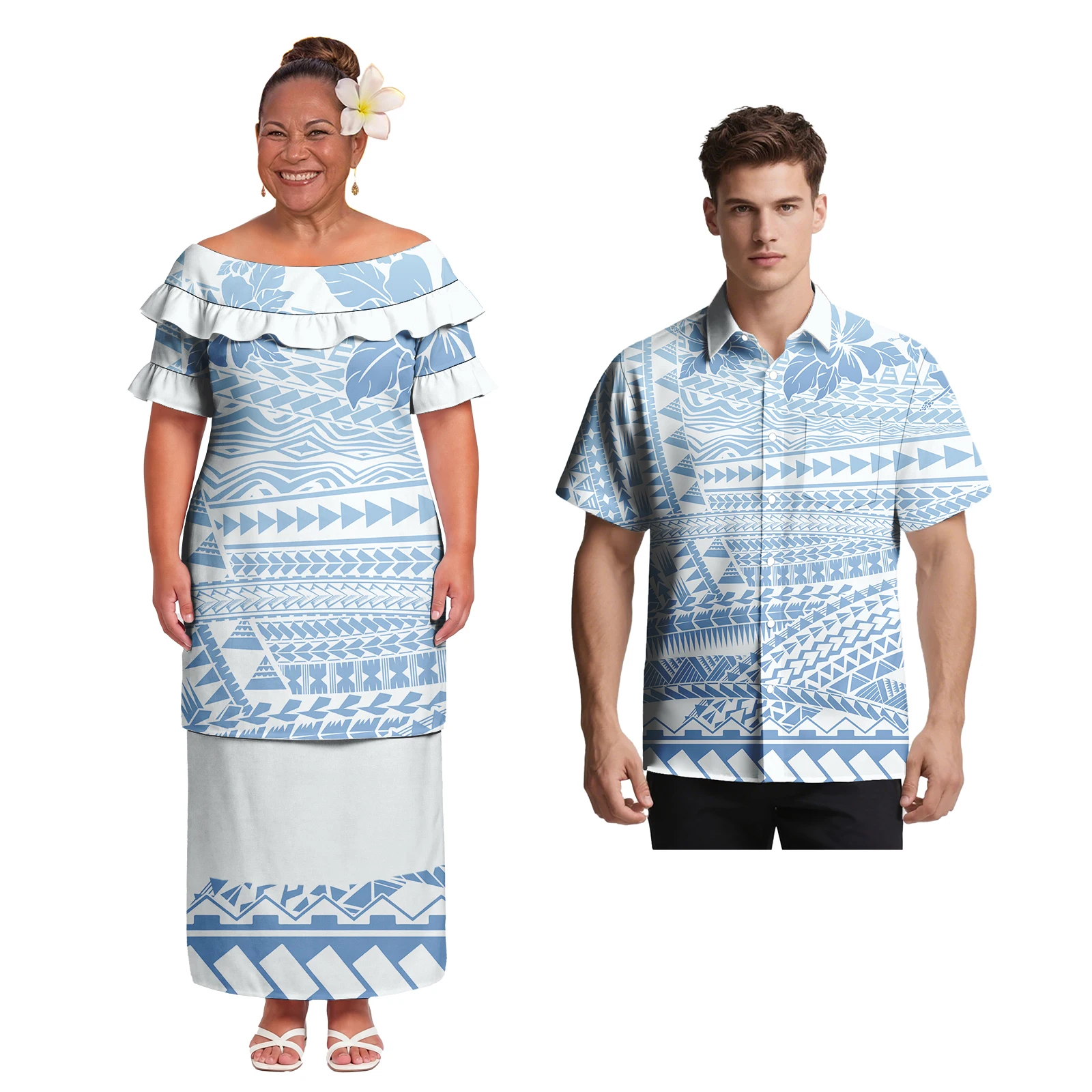 

Factory Price Couple Clothes Custom Casual Men Polynesian Style Shirts Elegant Ladies Samoan Puletasi Sweet Couple Match Outfits