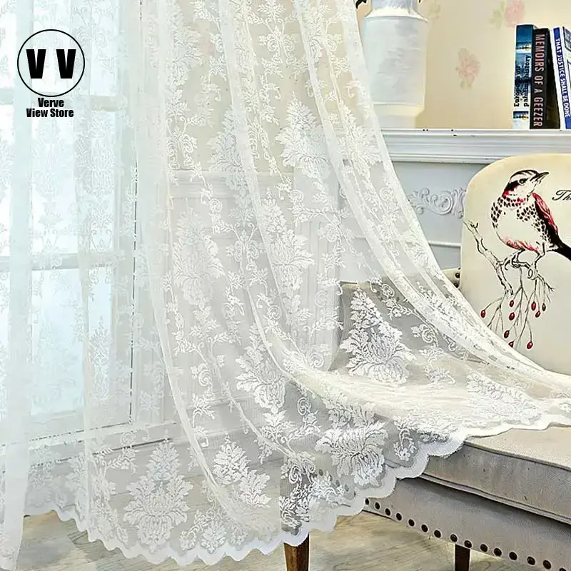 

White Lace Tulle Curtains for Bedroom Floral Window Treatments European-Style Sheer Voile For Livingroom Kitchen Drape Girl Room