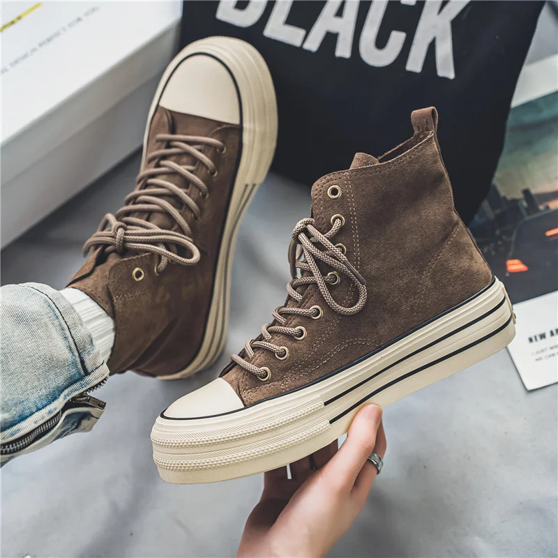 New Arrivals Fashion Brown Canvas Shoes For Men Platform Non-slip Men Vulcanized Shoes Lace-up Comfortable High Top Sneakers Man