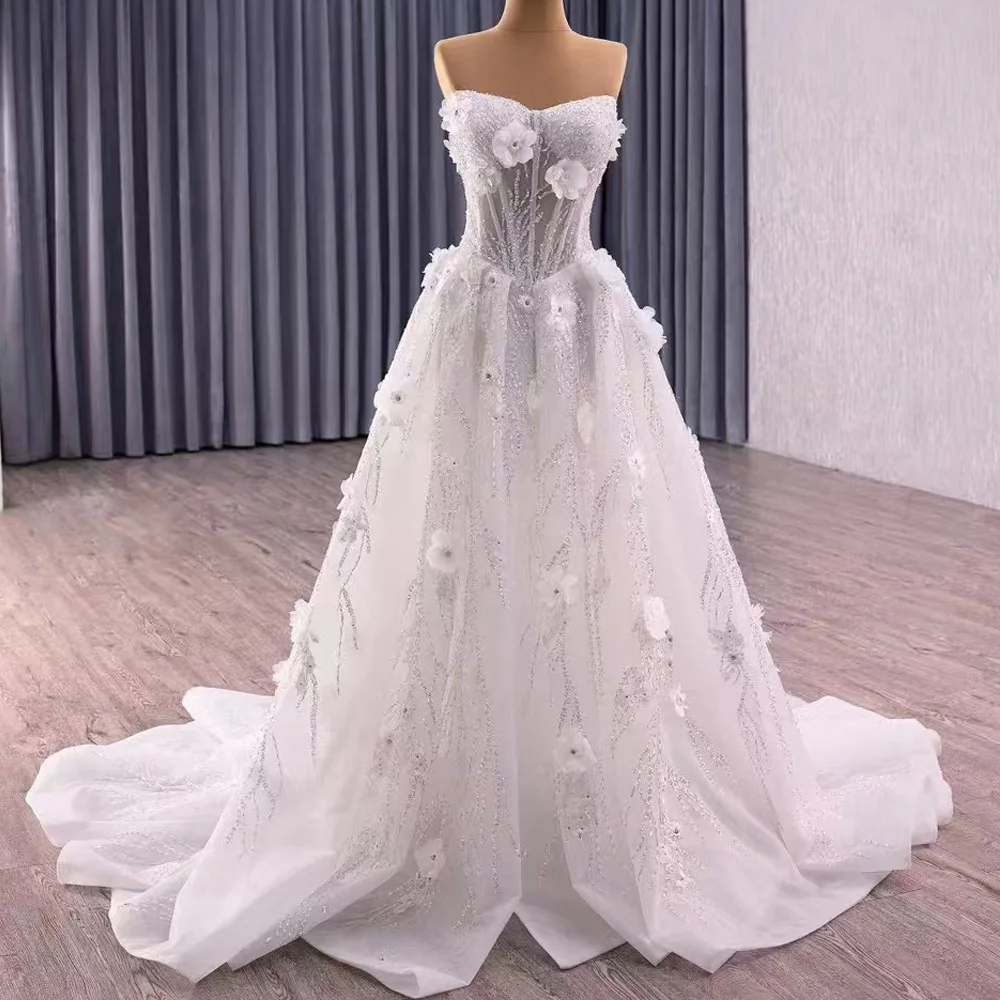 

Elegant Sleeveless Sweetheart Wedding Dress Lace-Up Back Appliques Sequined Vestido Novia