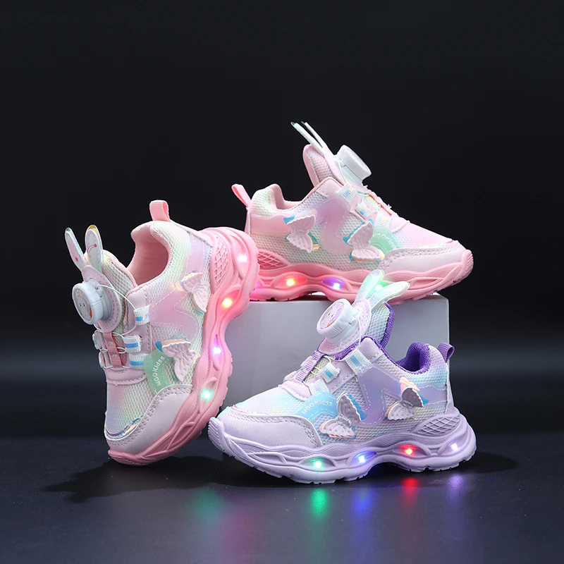 Mgo Kidss New Spring and Autumn Princess Light-Up Shoes, Mesh Butterfly Children's Sneakers, Girls' Light-Up Shoes, Spring and Autumn Light-Up Shoes with Rotating Button, Light-Up Sneakers for Students
