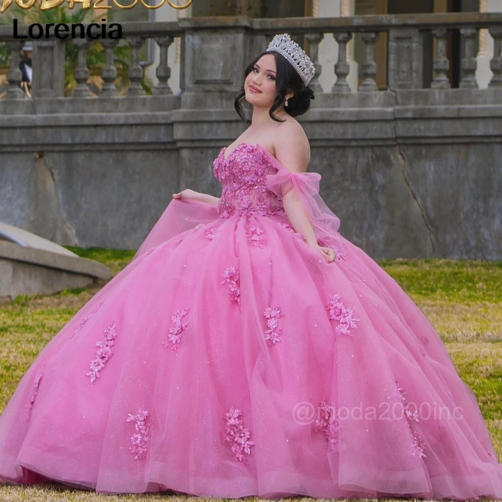 Lorensia gaun dansa merah muda Quinceanera berkilau gaun pesta korset dasi manik-manik Applique renda mengkilap manis 16 Vestidos De 15 aduduk YQD974