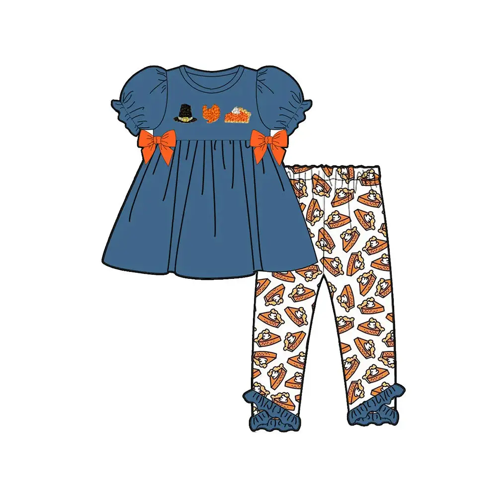 Thanksgiving New Pumpkin Print Girls Ruffled Short-Sleeved Shorts Boys Blue Short-Sleeved Boutique Milk Silk Material Suit
