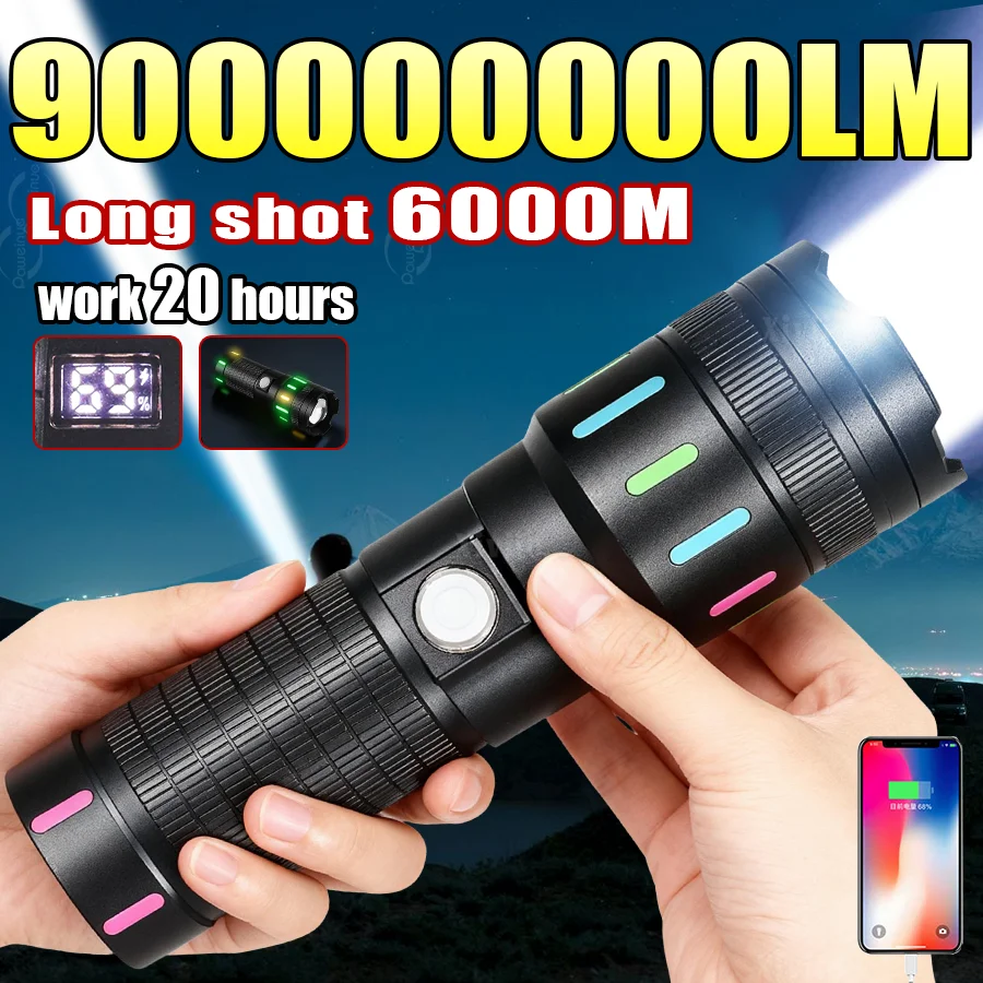 

900000000LM Ультра яркие светодиодные фонарики Мощный перезаряжаемый тактический фонарь 6000 м Портативная лампа Открытый фонарь для кемпинга