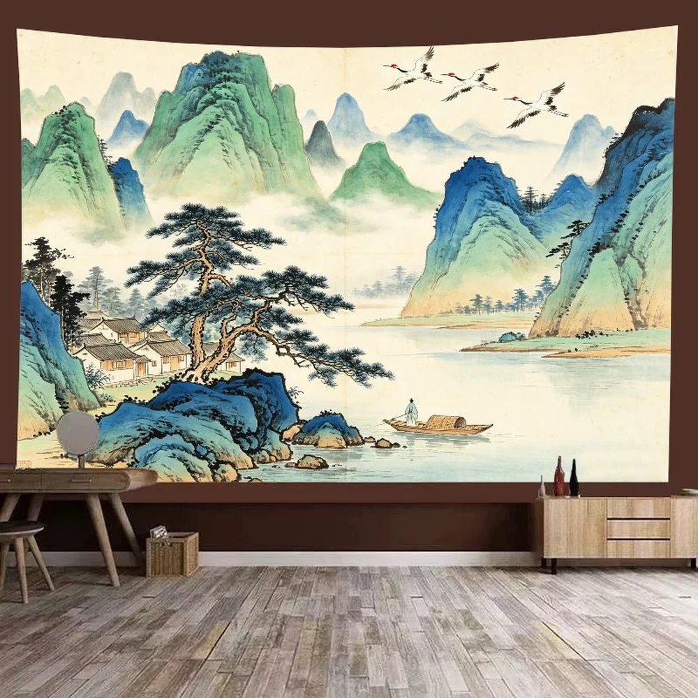 VIKAMA Asian Landscape Wall Art, Green Hills River Modern Oriental Home Decoration