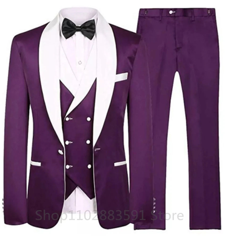 Red Splicing Men‘s Suits 3 Pieces White Shawl Lapel Casual Tuxedos Suits Men (Blazer+Vest+Pants) For Wedding Groomsmen 2024