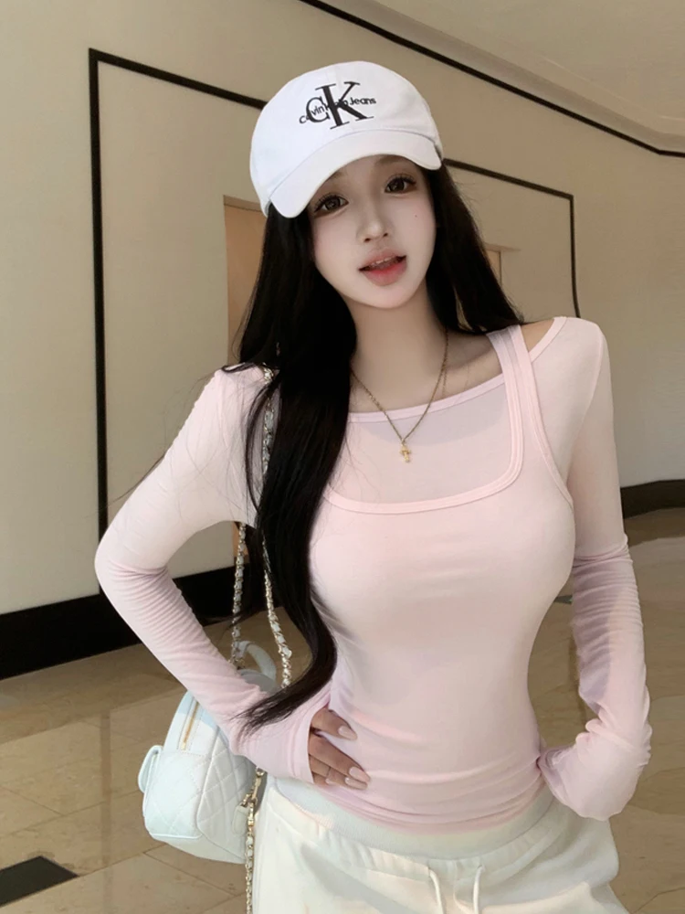 Slim Fit Long Sleeve T-Shirt with Mesh Panel Design Elegant Sexy Style Base Layer Top for Young Women Daily Wear Pure Color