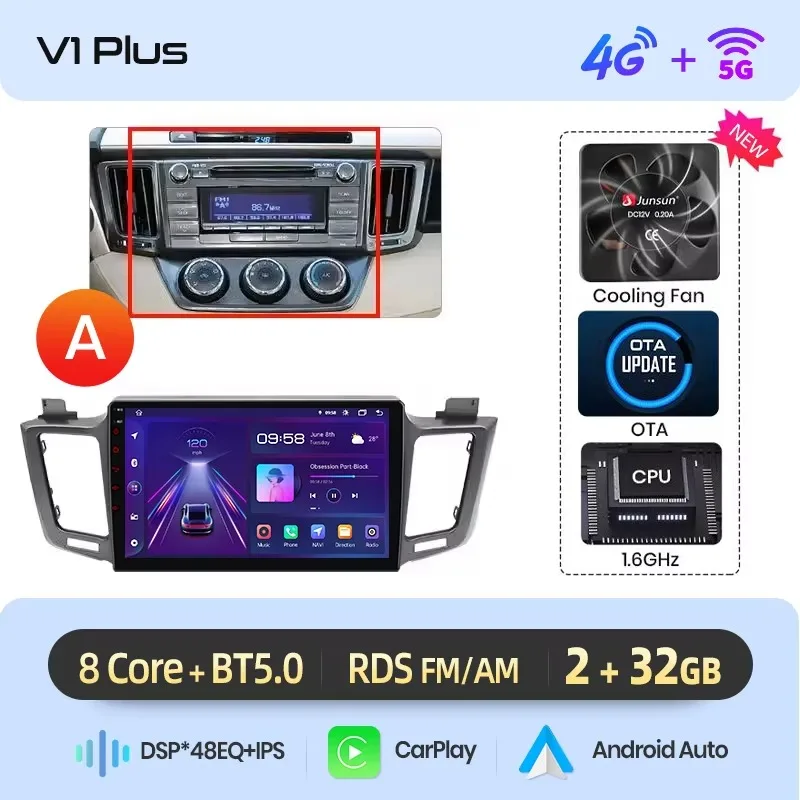 Junsun draadloze CarPlay Android Auto autoradio voor Toyota RAV4 (XA40) 2012-2018 met ingebouwde koelventilator, Android GPS navigatie, multimediaspeler, WiFi, DSP, RDS, BT, SWC, IPS touchscreen,