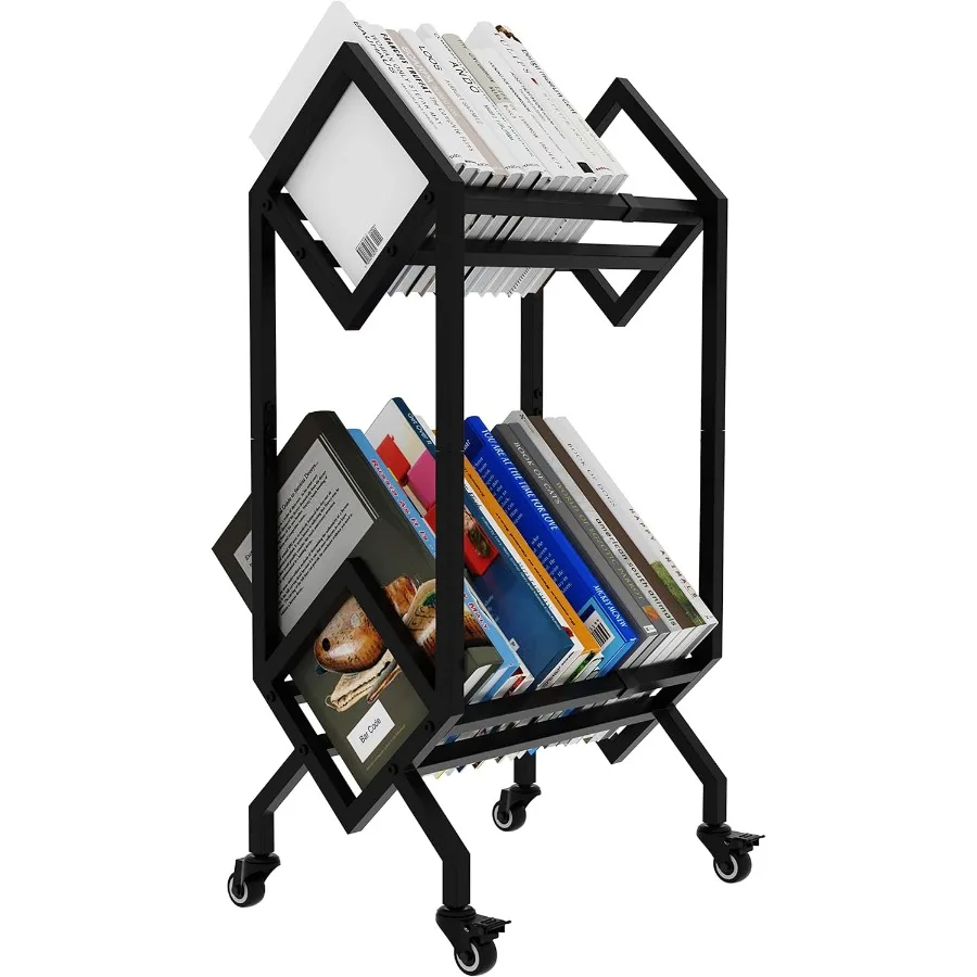 

Bookshelf Book Rack Industrial Metal Bookcase 2 Tier Holder with Wheels Modern Stylish Design Magazines Files Album Recipe Book
