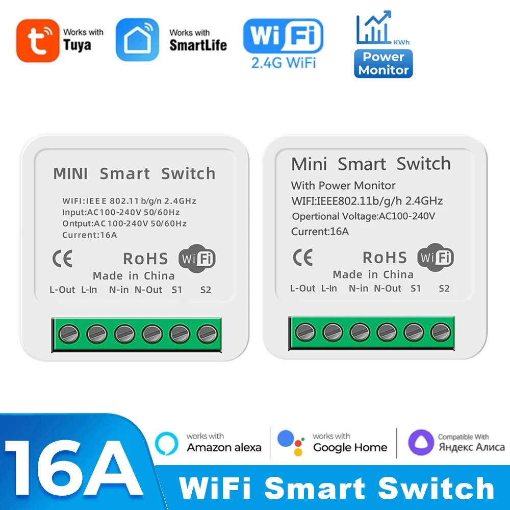 Tuya 16A WiFi Smart Switch Module with Power Monitor 2 Way Control Wall Light Switch Works with Alexa Google Home Smart Life APP