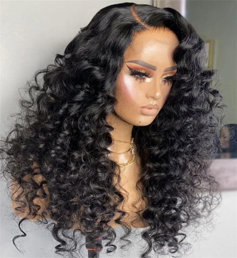 Perruque Lace Front Wig sans colle bouclée crépue noire naturelle pour femme, cheveux de bébé doux, densité 180, 26 pouces de long, degré de chaleur, préplumée, 03/3