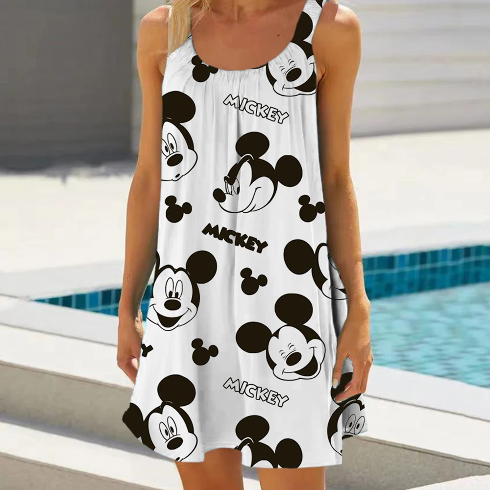 

2024 New Summer Fashion Women Mickey Mouse Straps Beach Holiday Dresses O-neck Sleeveless Mini A-Line Sexy Dress Vestidos