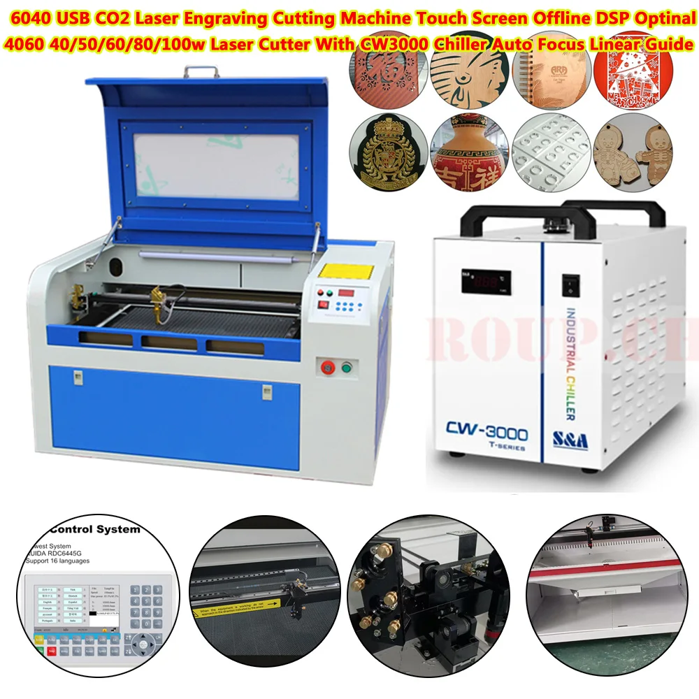 6040 Laser Engraving Cutting Machine 100W With CW3000 Chiller Co2 Auto Focus Linear Guide Cutter 80W DSP Touch Screen Optional