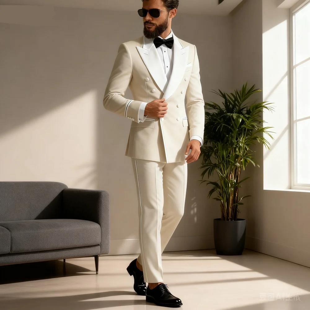 

Men's 2-Piece Casual Smalking Set with White Lapel Blazer And Black Pants Wedding Groomsmen Suit for Ceremony And Festa
