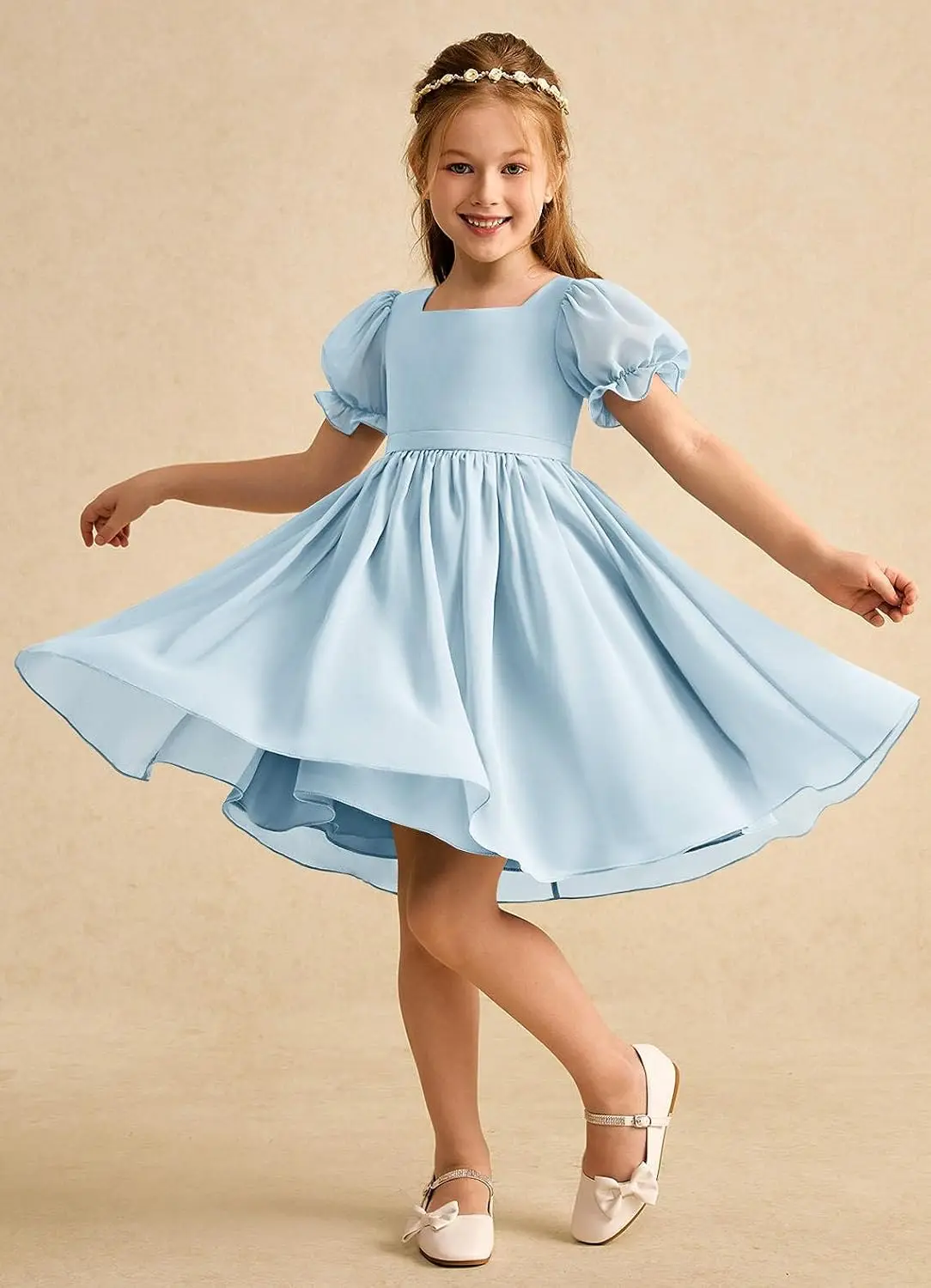 فستان وصيفة العروس للفتيات لحفلات الزفاف من الشيفون بأكمام قصيرة منتفخة فساتين فتاة الزهور للمراهقين مع فستان الأميرة للحفلات من الخلف