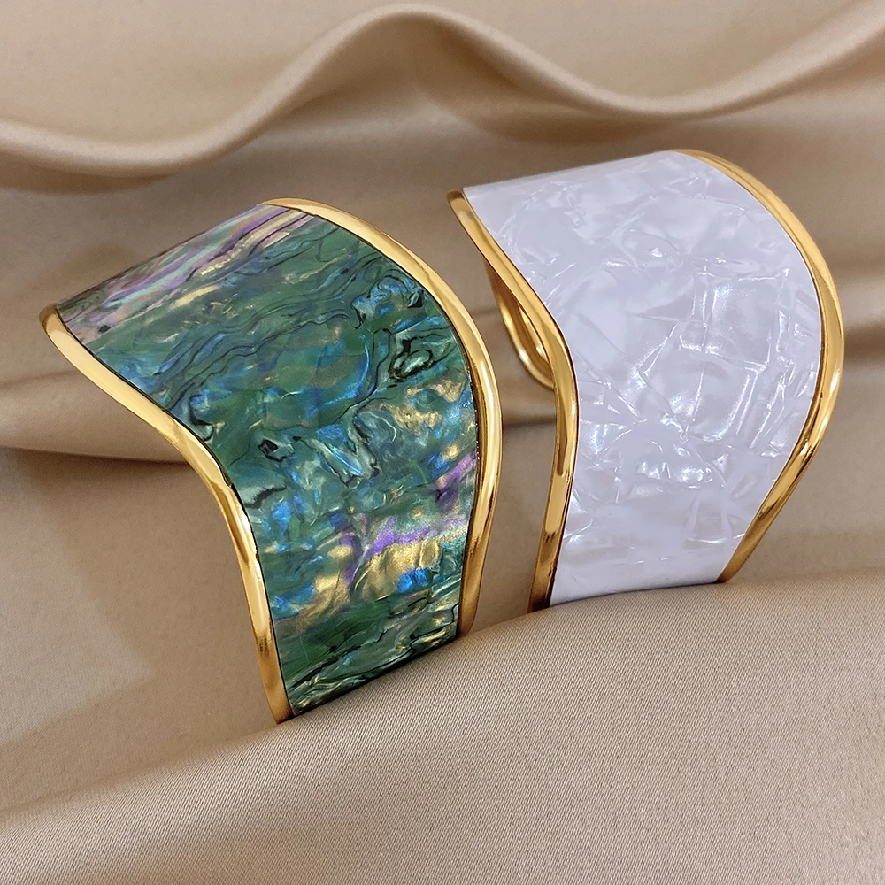 Greatera Wide-sided Gold Edge Open Bracelet White Shell Cracks Design Personality Irregular Geometry Stainless Steel Bangles