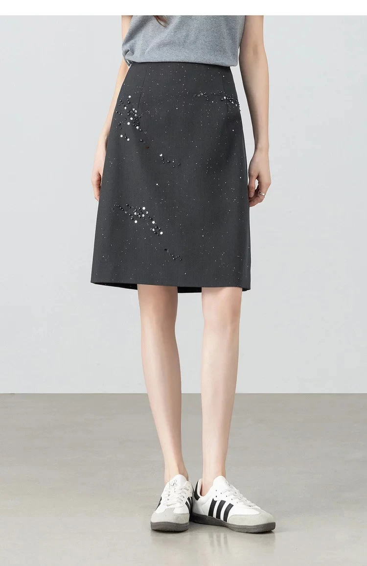 SENTUBILA Damen Schwarzer Gerader Rock 2026 Sommer Eleganter Modischer Perlenstickerei Silber Schimmernder Büro-Rock 162QF6640 – Detail 19