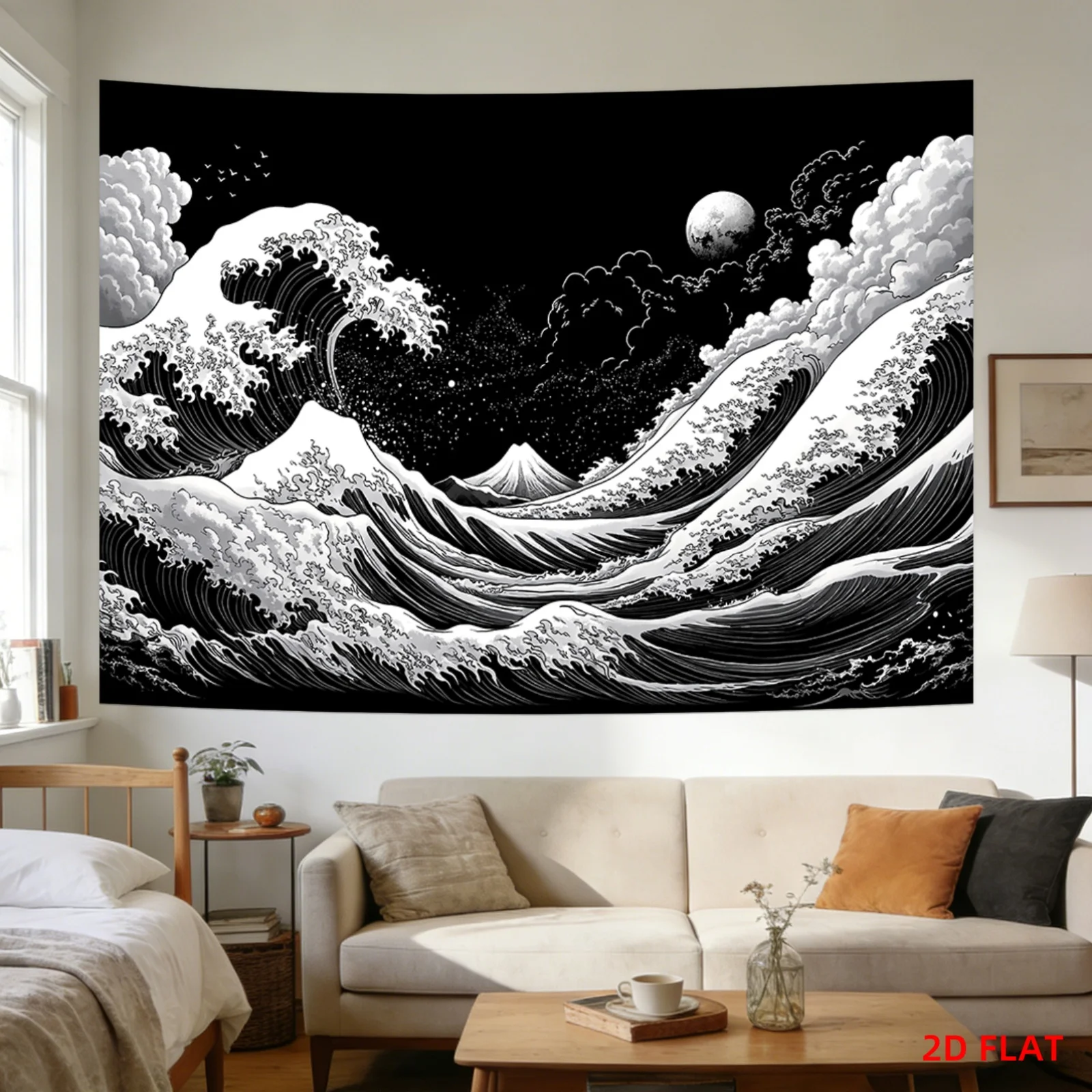 Dramatic Great Wave Japanese Tapestry Wall Hanging Anime Art Black and White Ocean Decor Ukiyo Style Living Room Home Decor