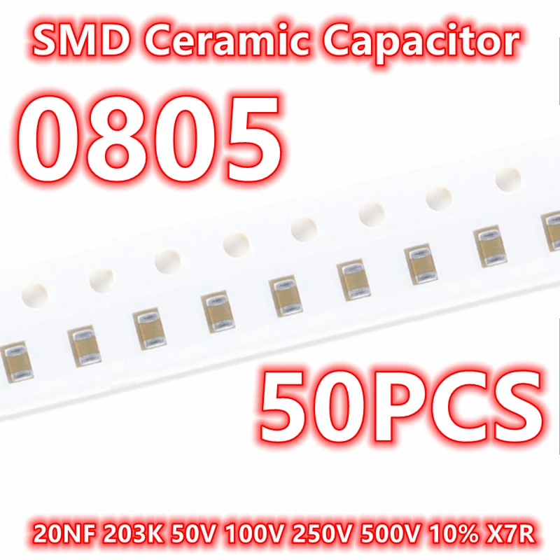 Capacitor cerâmico original de SMD, 0805, 20NF, 203K, 50V, 100V, 250V, 500V, 10%, X7R, IC 2012, 50Pcs