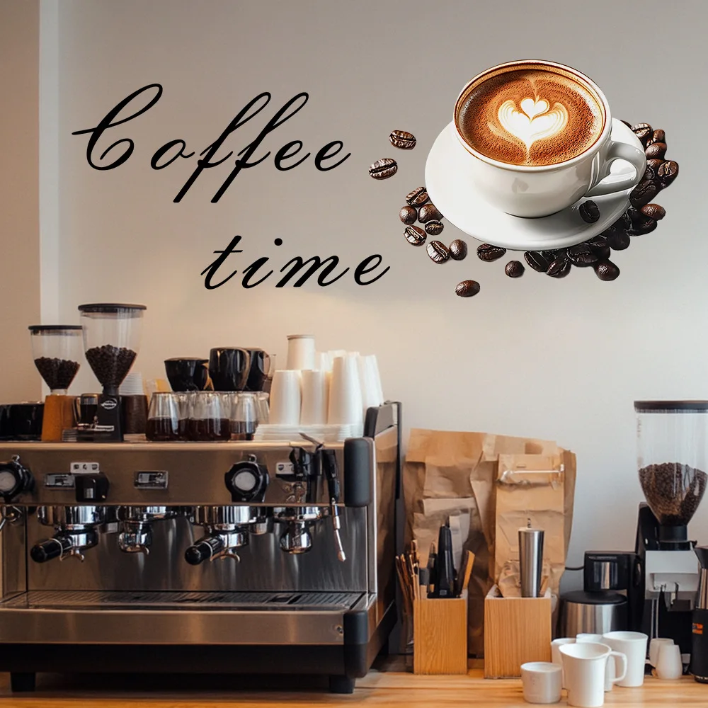 1PCS Painted English Slogan Coffee Time Coffee Cup Home Background Wall Decoration Wall Paste Self-adhesive