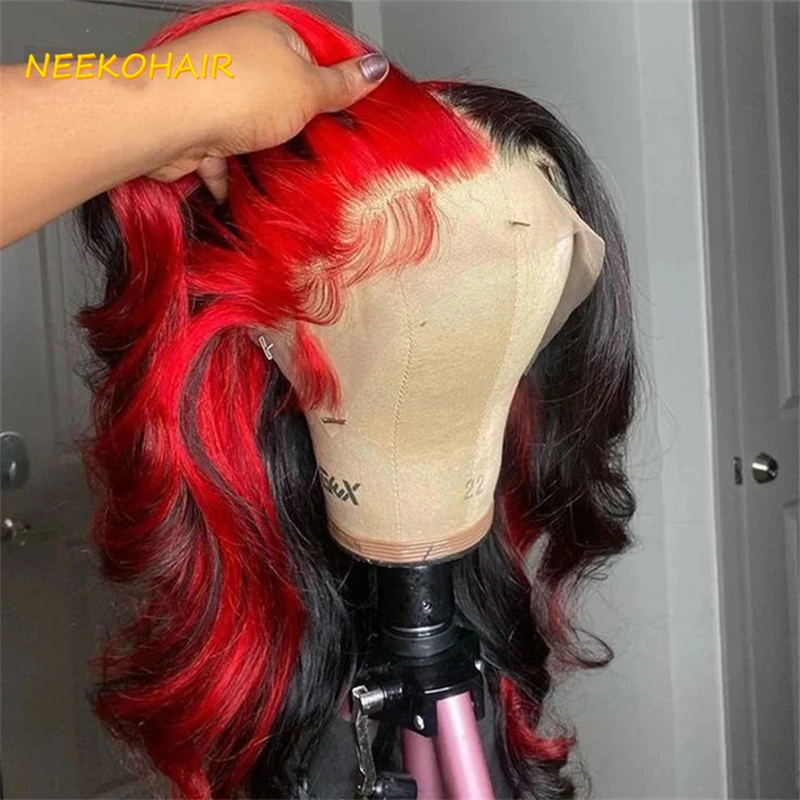 13x6 Lace Frontal Wig Half Black Half Red Split Two Tone Cosplay Wig Long Wave Bicolor Wigs Human Hair Wig For Women