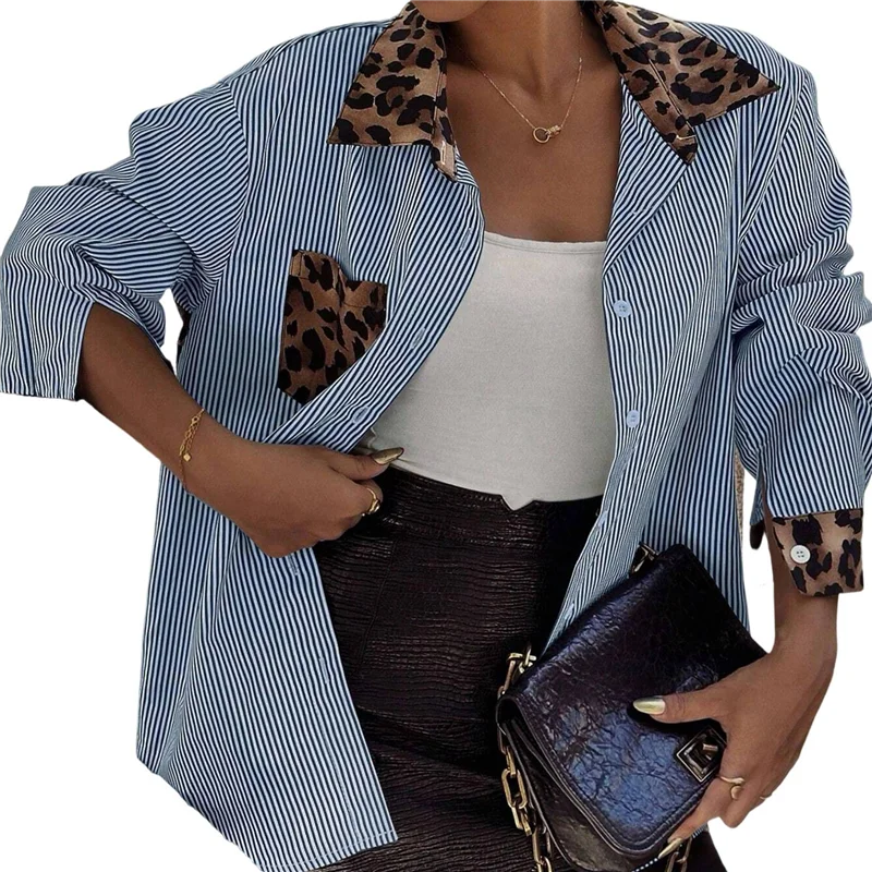 

ASDS-Women's Striped Leopard Print Long Sleeve Blouses Cheetah Button Down Collared Shirts