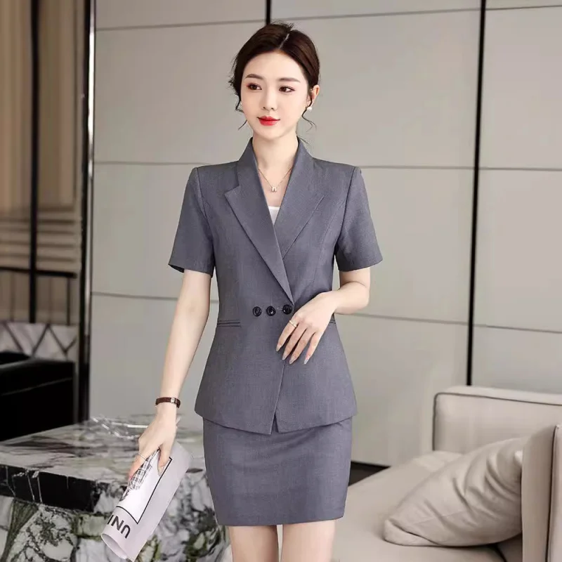 Blue Short-Sleeved Suit Suit Women's Office Clerk Work Clothes Women2024Spring Summer Slim-Fit Business Wear Skirt