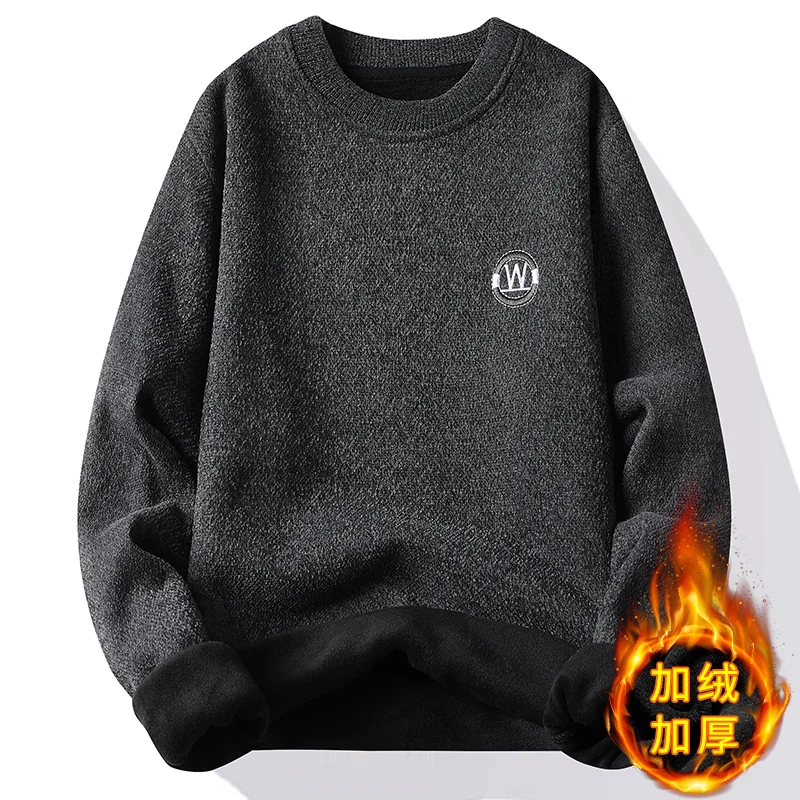 New Men's Sweaters in Autumn and Winter Men's Sweaters with Velvet Padded Slim Young Round Neck Sweater