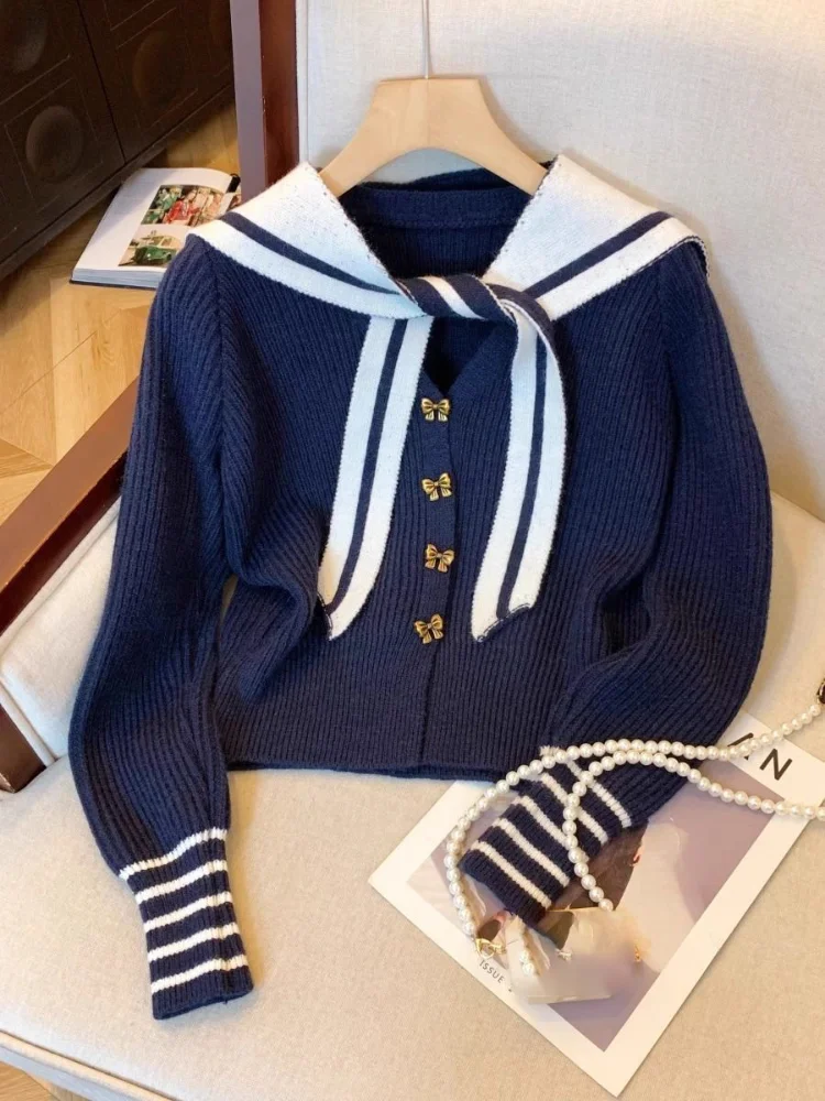 

Женский вязаный кардиган с матросским воротником в консервативном стиле, осень-зима 202, милый короткий свитер с длинными рукавами, повседневный джемпер, топы