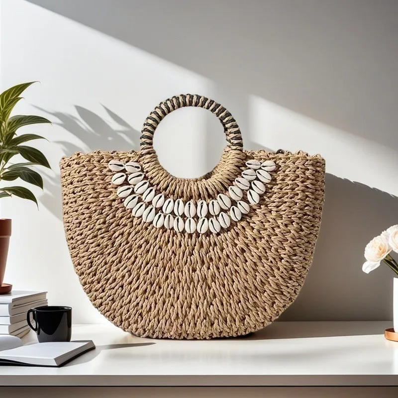 

Women Woven Straw Bag Vintage Shell Decor Large Capacity Half Moon Handbags Summer Beach Vacation Bohemian Tote Bags