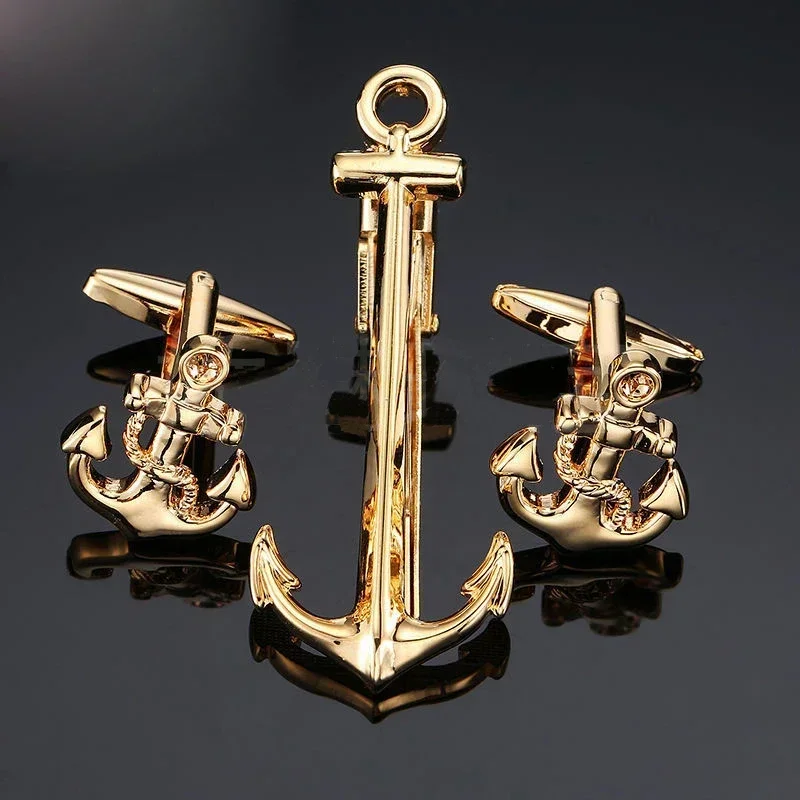 French Cufflinks Sets High-quality Copper Material Fashion Men\'s Business Jewelry Gifts Golden Anchor Cuff Links Tie Clip Set