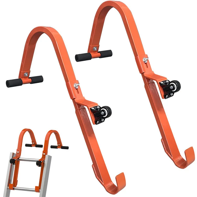 2pc Ladder Roof Hook with Wheel Heavy Duty Steel Ladder Stabilizer Roof Ridge Extension, Rubber Grip T-Bar for Damage Prevention