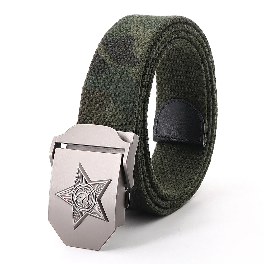 Men Canvas Belt With Soviet Union Military Emblems Star Metal Buckle Thick Nylon Military Tactics Belts Outdoor Casual Jean Belt