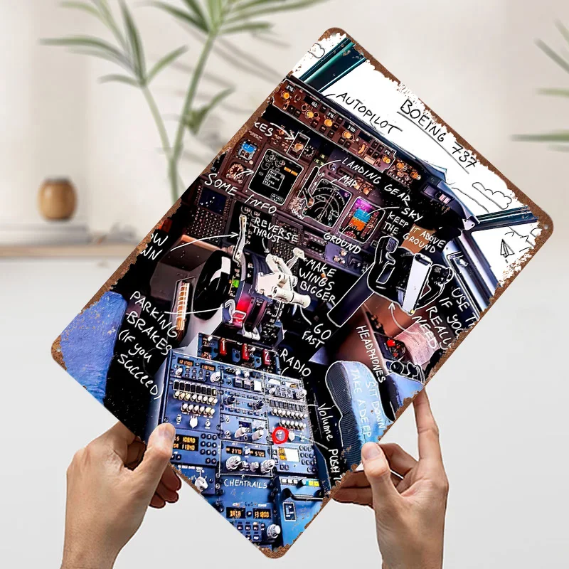 قمرة القيادة بوينغ 737 تين تسجيل الجدار ملصق فني الديكور ديكورات غرفة نوم خمر علامات معدنية الرجعية للديكور المنزل